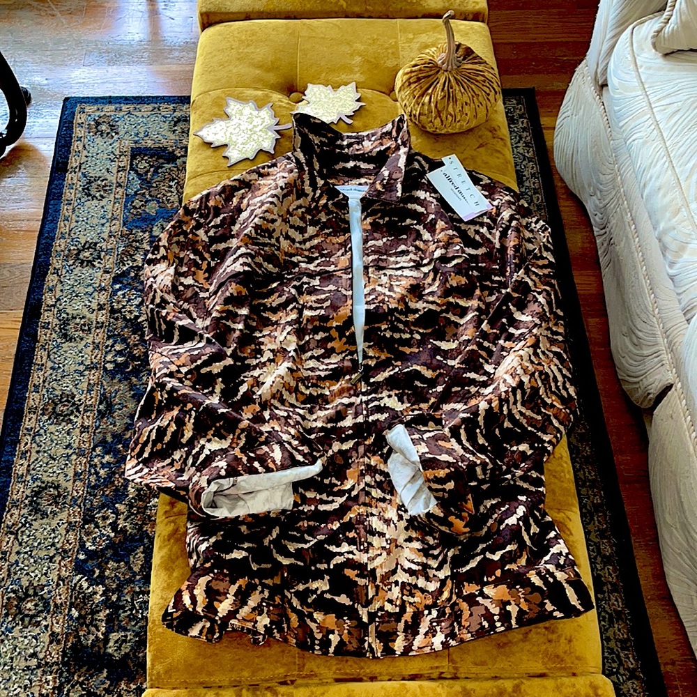 ALFRED DUNNER JACKET, SZ 22W, ‘ANIMAL  INSTINCT’ stretch w/ gold metallic flecks